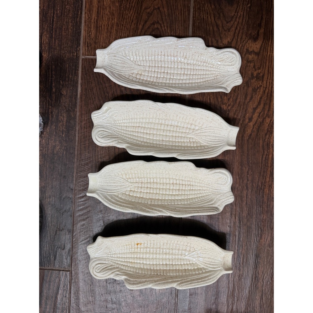 Vintage Speckled Ceramic Corn on the Cob Dishes Set of 4 Cream Farmhouse Decor
